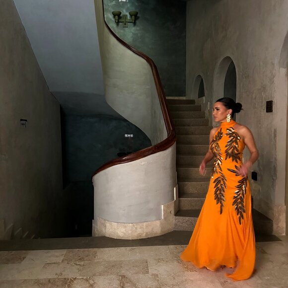 Karen Millen Dresses & Skirts - Karen Millen Orange Maxi Dress with Black Leaf Appliqué